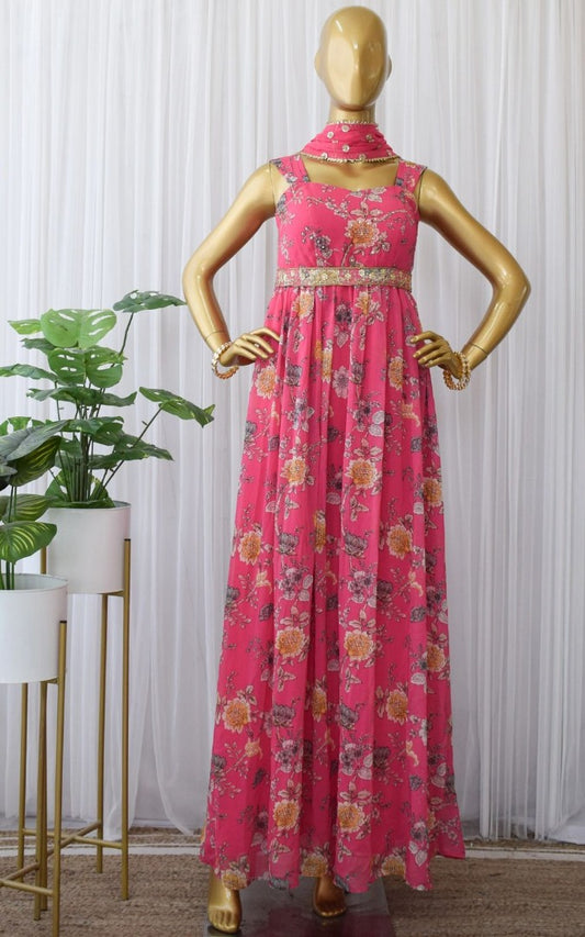Pink georgette flower printed and sequence work gown