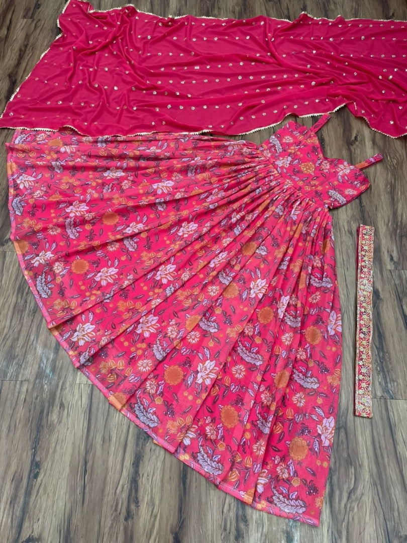 Pink georgette flower printed and sequence work gown