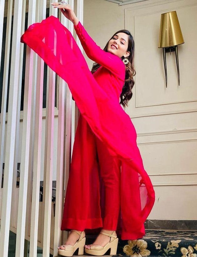 Pink georgette party wear anarkali gown with bottom