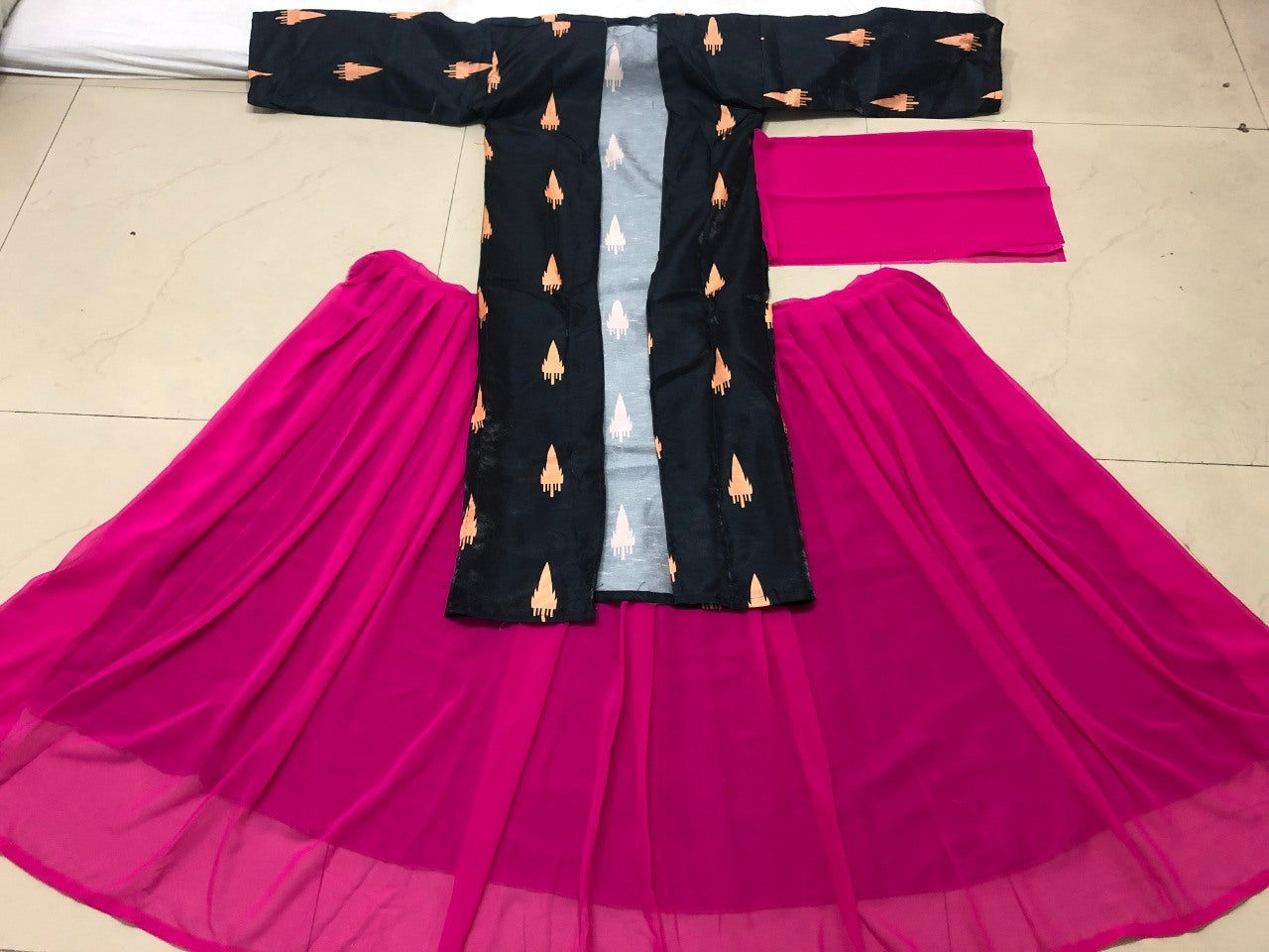 pink georgette partywear crop top lehenga with printed shrug