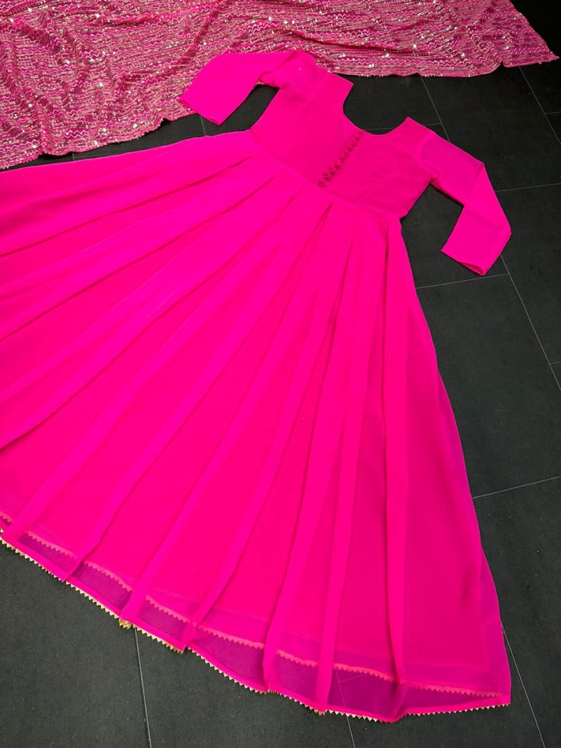 Pink georgette plain long anarkali suit with heavy sequence work dupatta