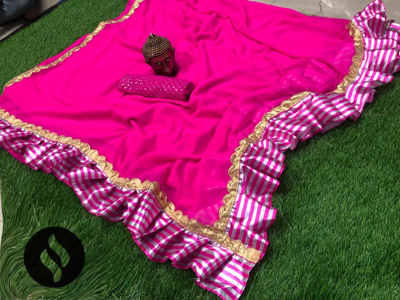 pink georgette plain party wear saree with satin ruffle lace