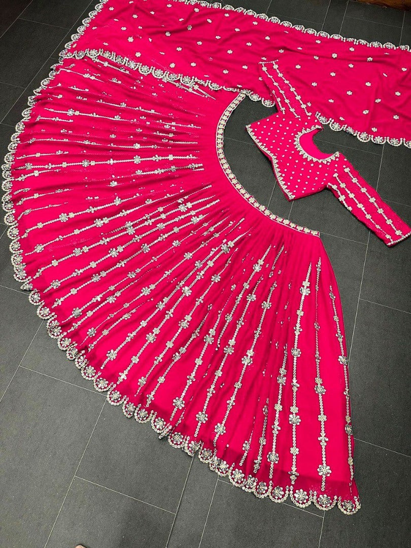 Pink georgette sequence embroidery work wedding lehenga choli