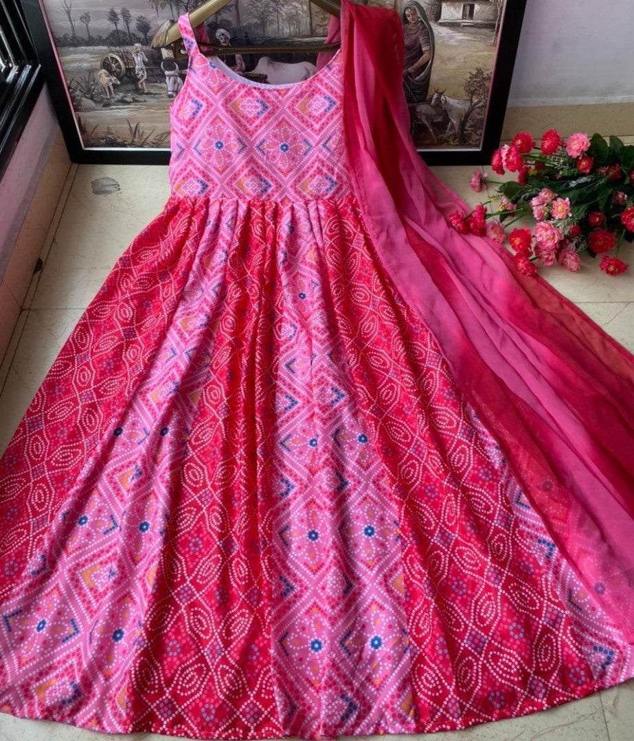 Pink heavy butter silk digital printed work partywear gown