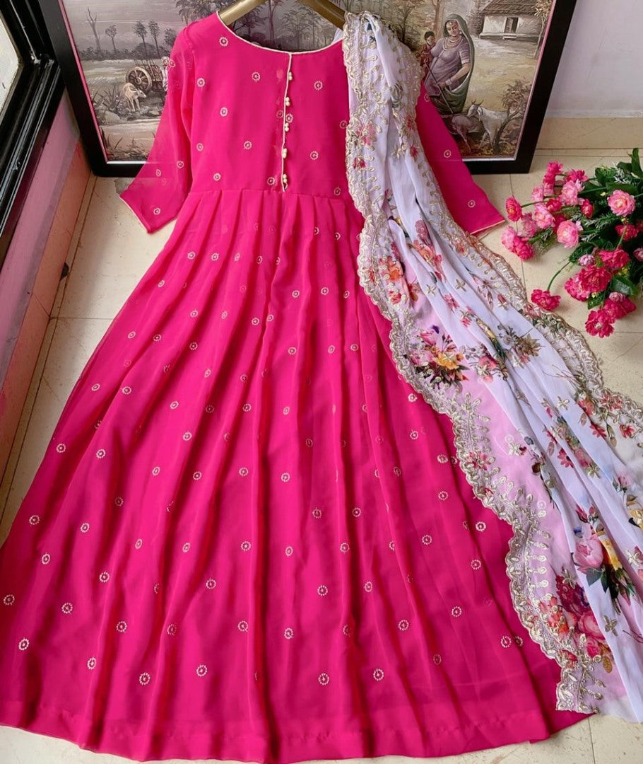 Pink heavy georgette embroidered digital printed work party wear gown