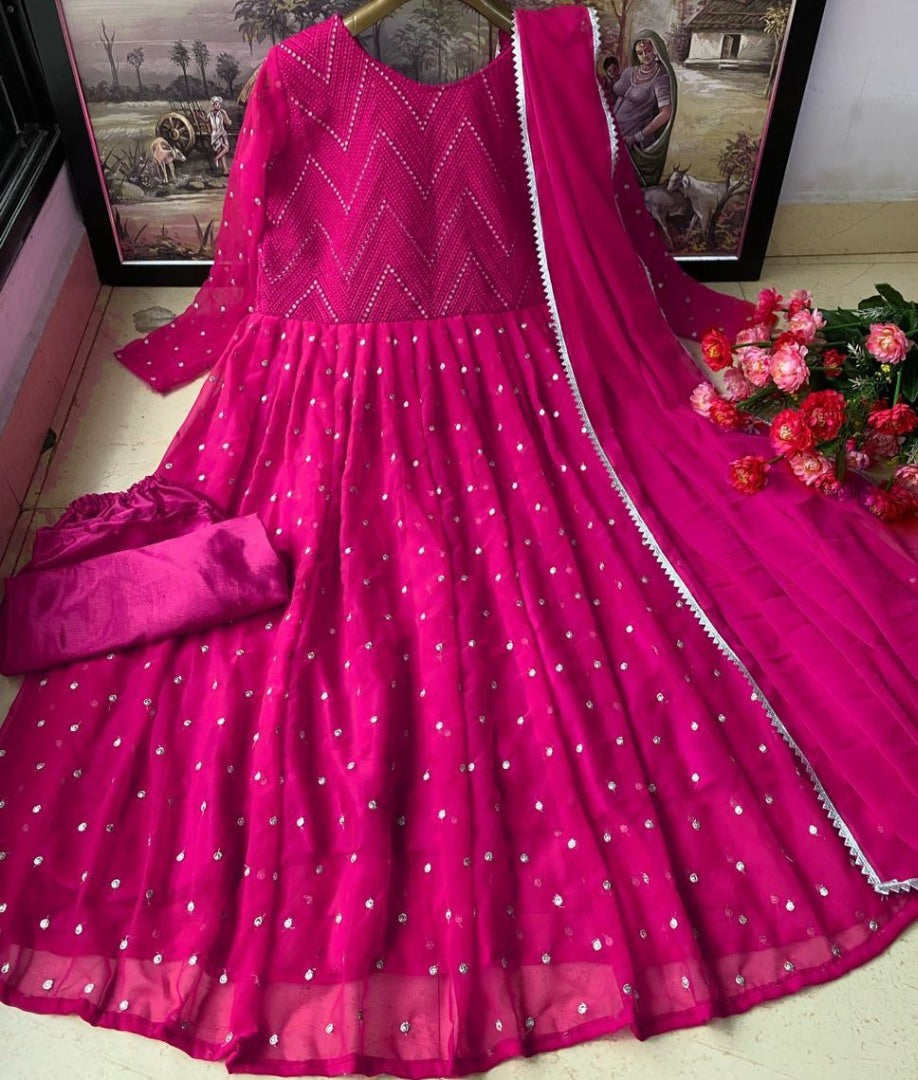 Pink heavy georgette fully embroidered work occasional wear gown