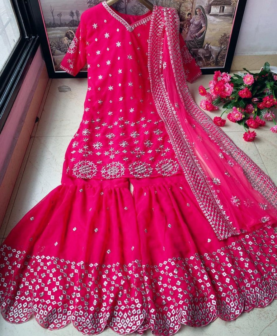 Pink heavy georgette zari embroidered work sharara suit