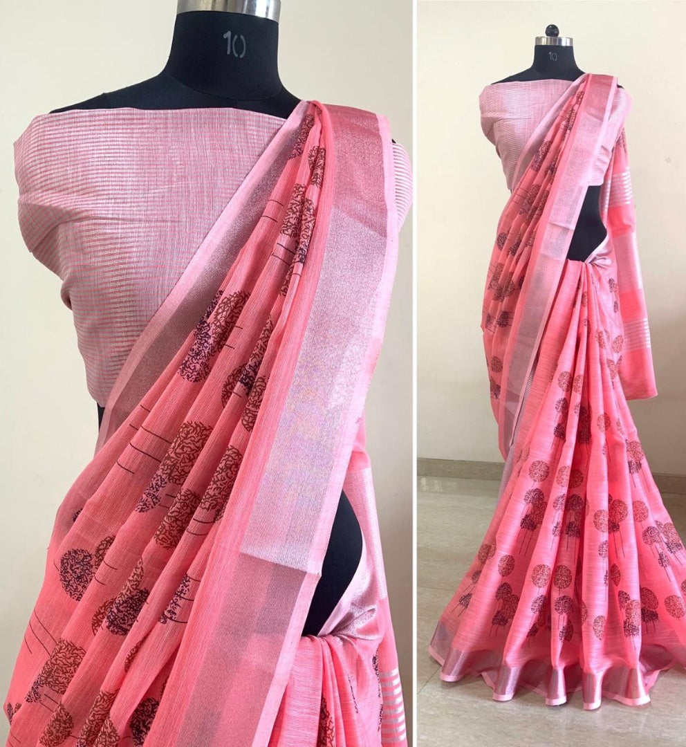 Pink linen digital printed work party wear saree