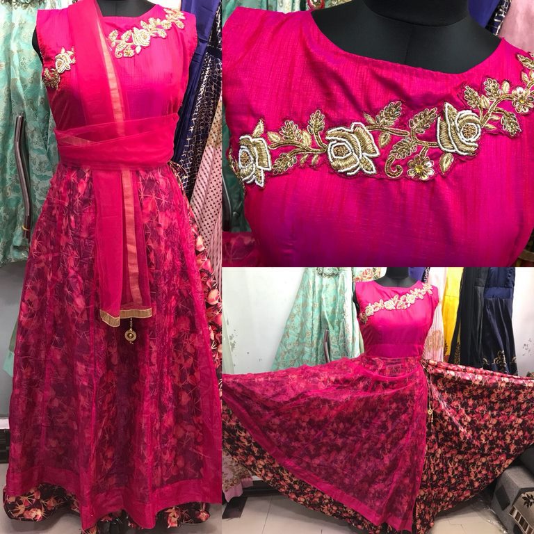 pink organza and malbari silk hand worked partywear anarkali suit