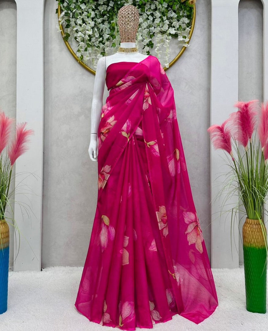 Pink organza floral print hot fix work saree