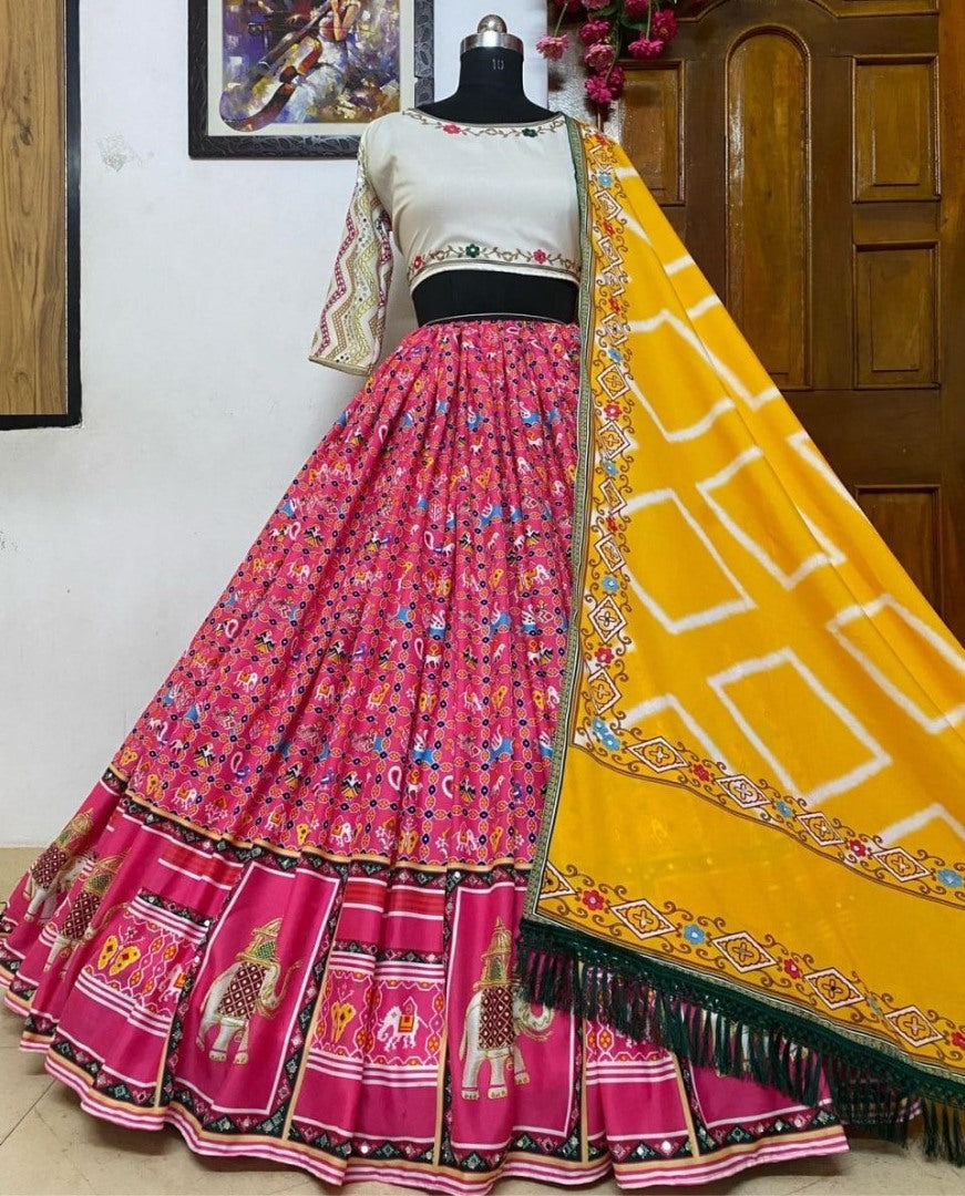 Pink print and mirror work gujarati garba navratri lehenga chaniya choli