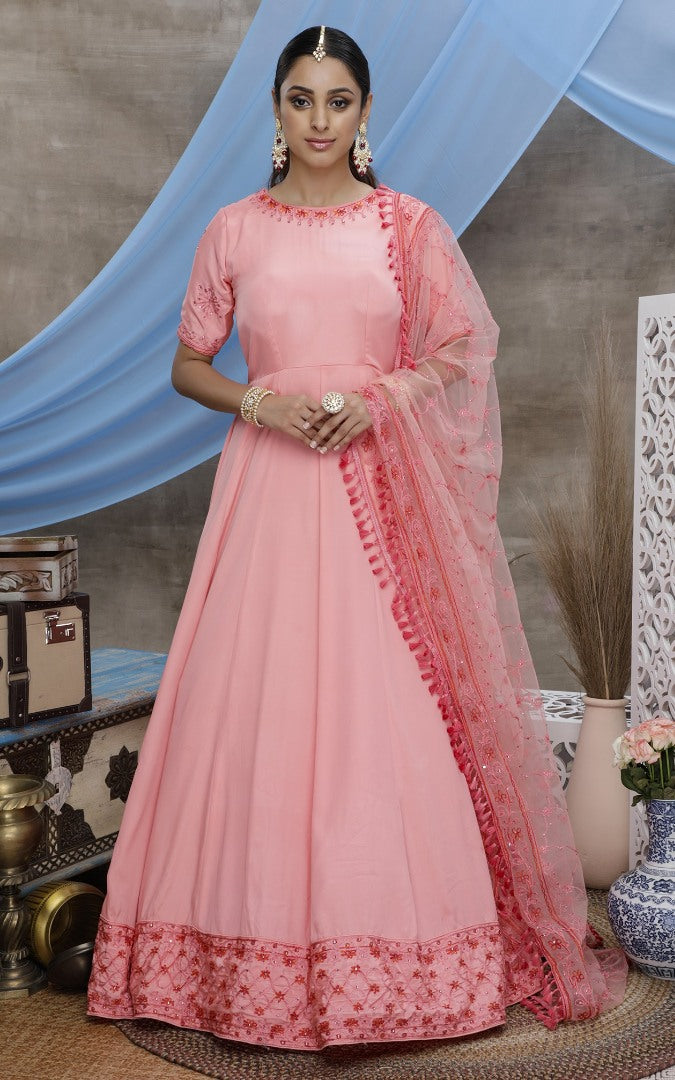 Pink santoon embroidered anrkali gown
