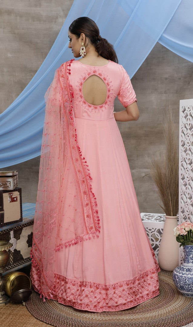 Pink santoon embroidered anrkali gown