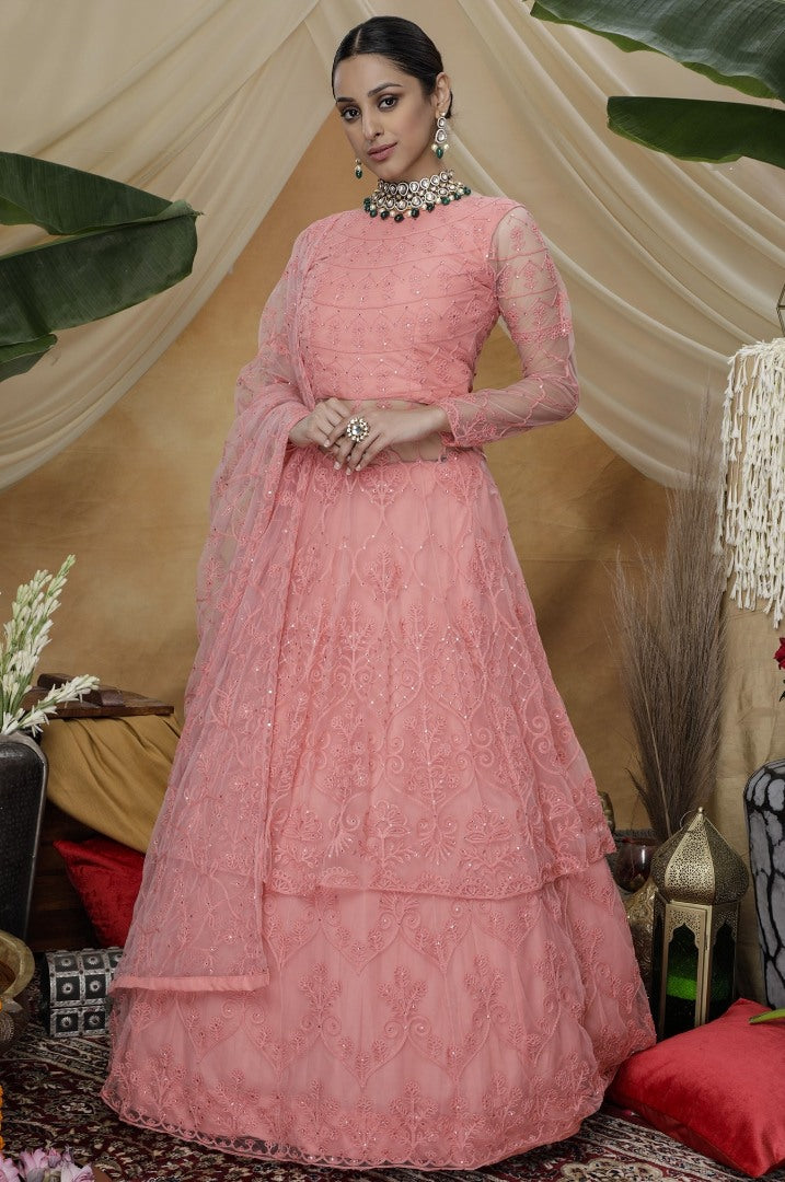 Pink santoon net embroidered lehenga gown
