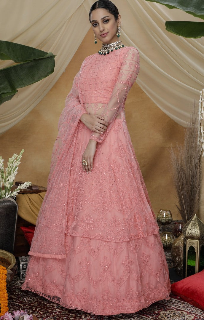 Pink santoon net embroidered lehenga gown
