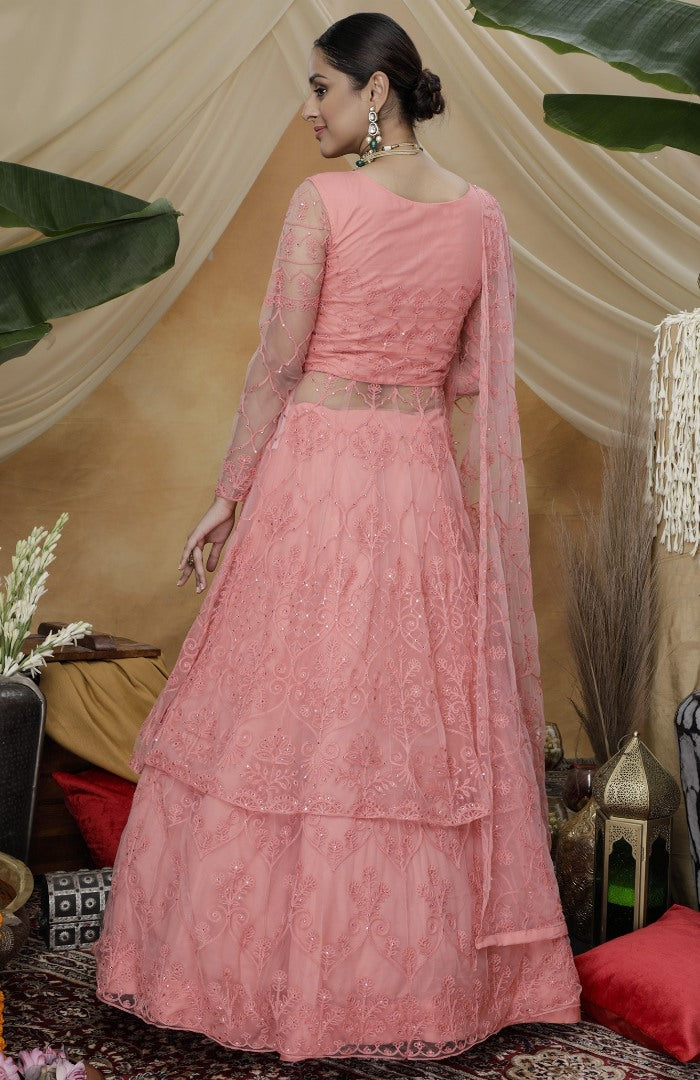 Pink santoon net embroidered lehenga gown
