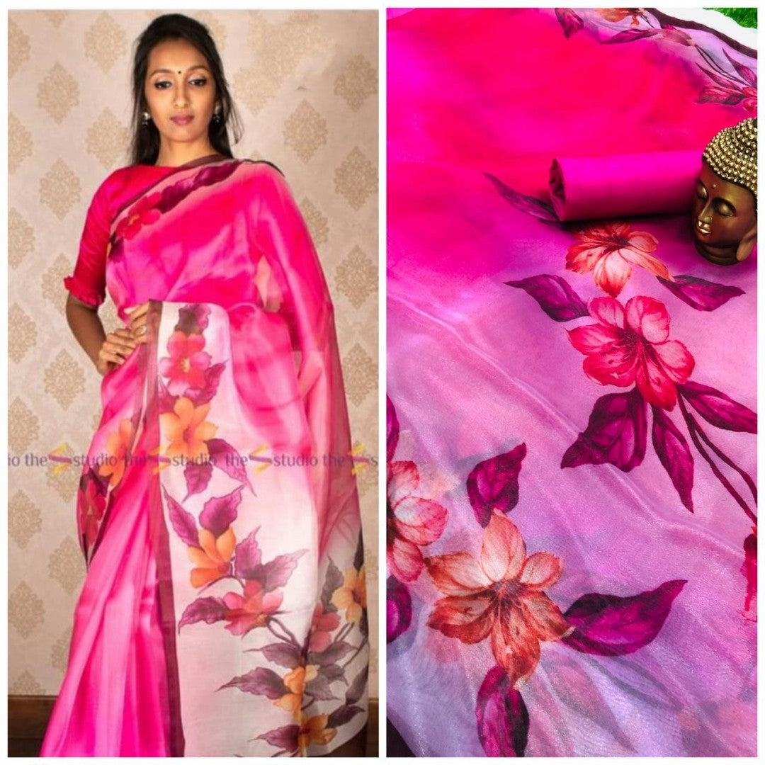 pink shaded orgenza digital floral printed saree