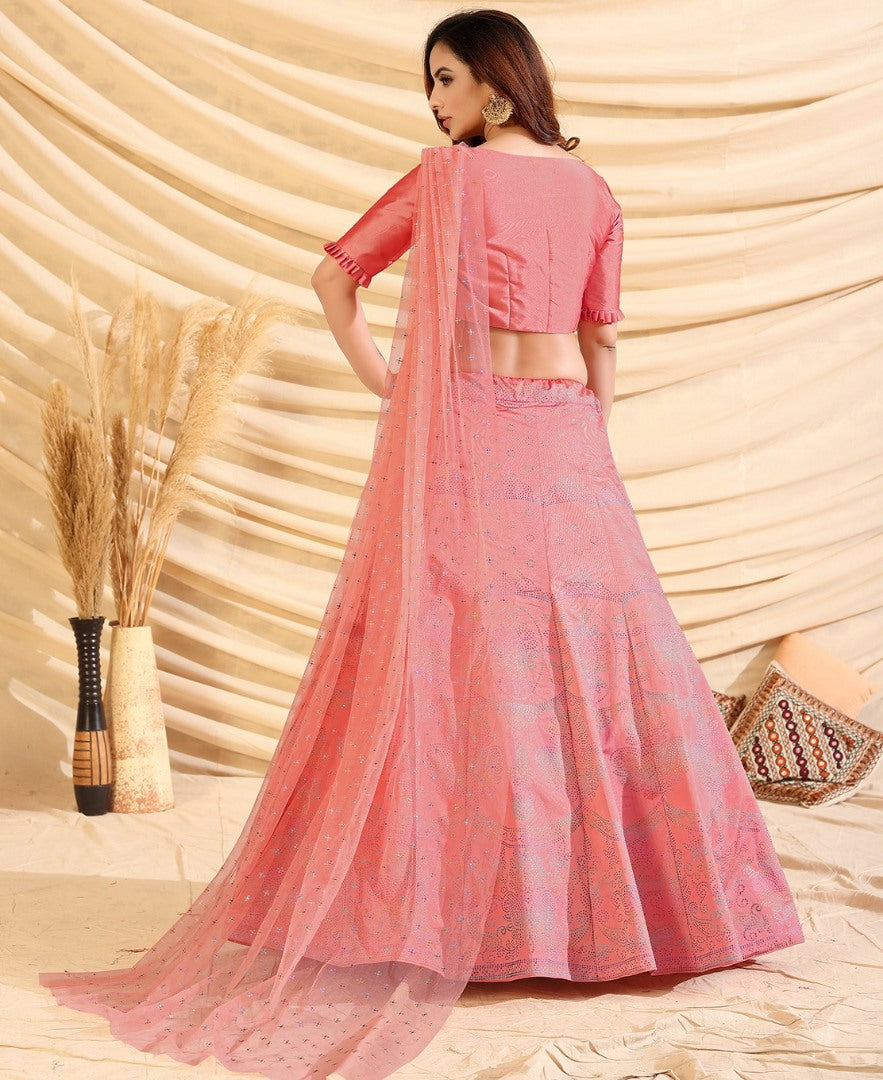 Pink taffeta silk pigment foil printed work party wear lehenga choli