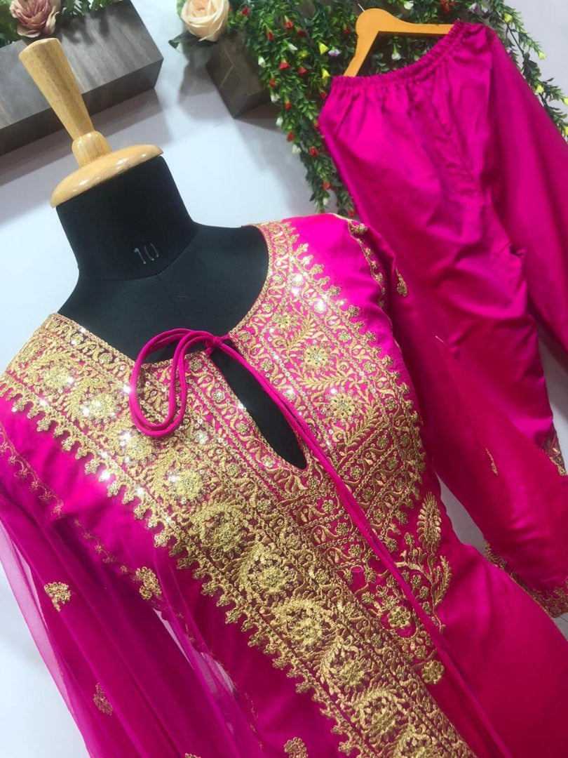 Pink tapeta silk embroidered plazzo salwar suit