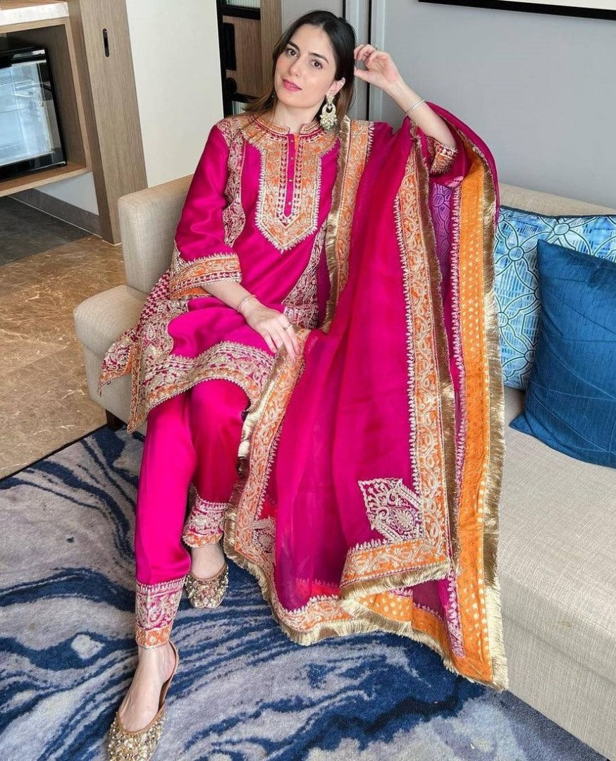 Pink velvet embroidered wedding salwar suit