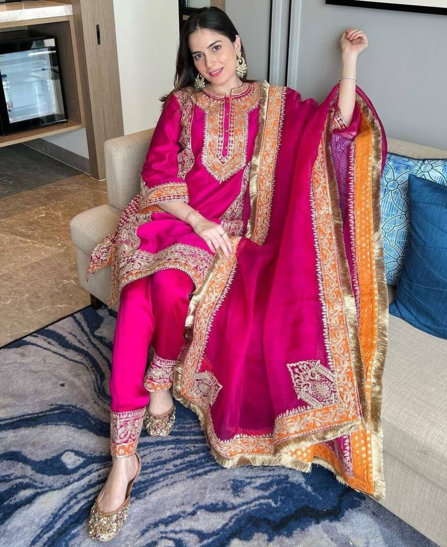 Pink velvet embroidered wedding salwar suit
