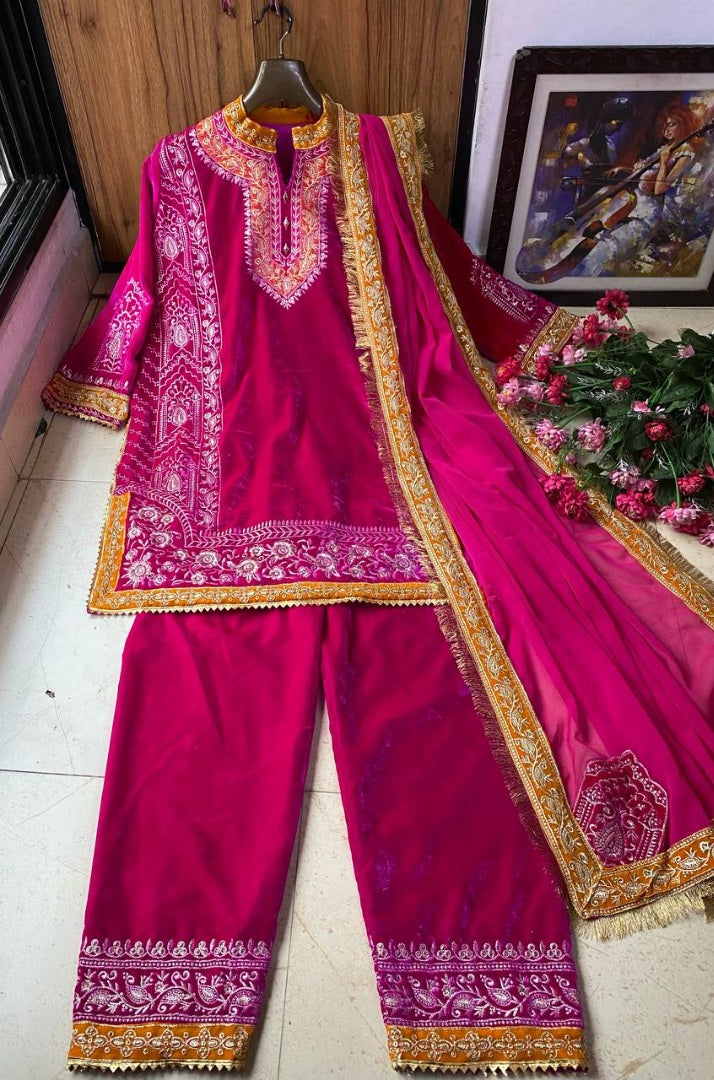 Pink velvet embroidered wedding salwar suit