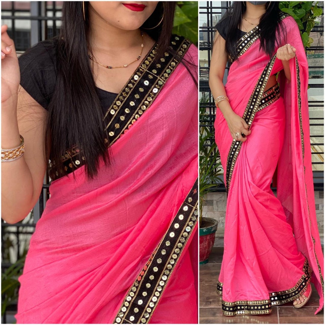 Pink vichitra silk sequence work partywear saree