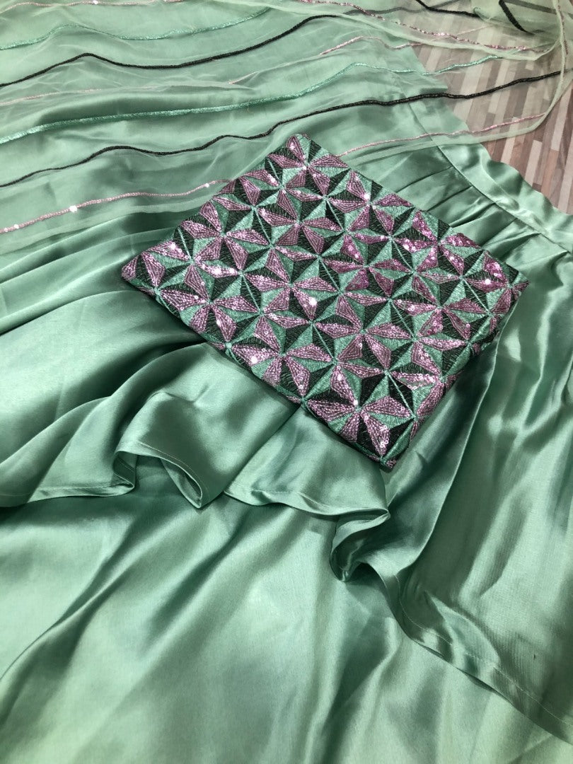 Pista green american satin party wear lehenga choli