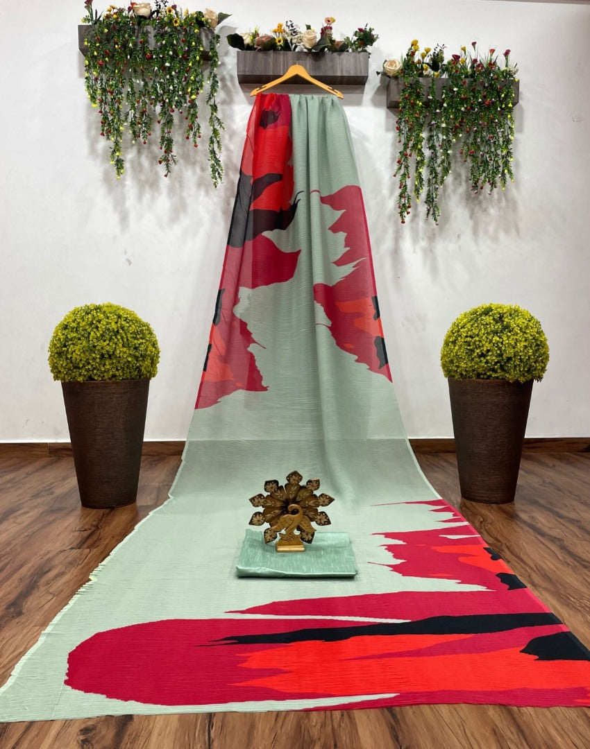 Pista green and red georgette printed pleated saree