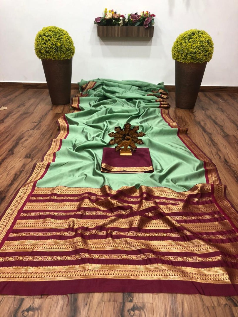 Pista green banarasi silk jacquard work saree