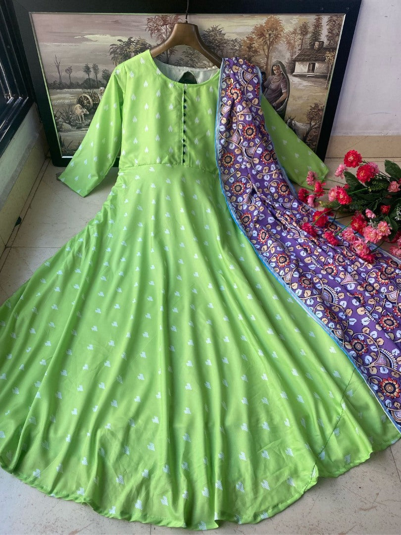 Pista green butter silk gown with printed dupatta