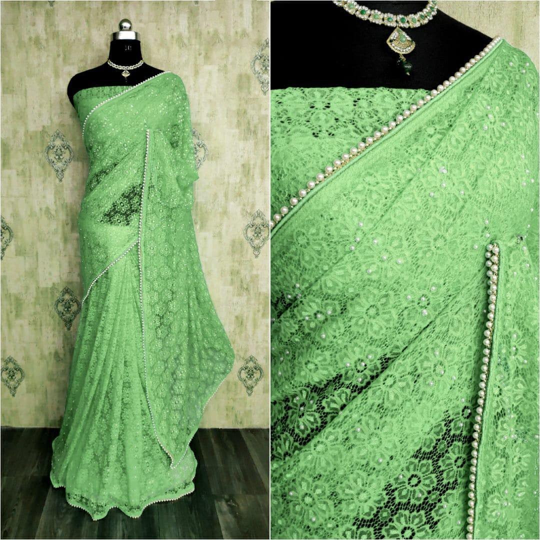 Pista green chantley net pearl work partywear saree