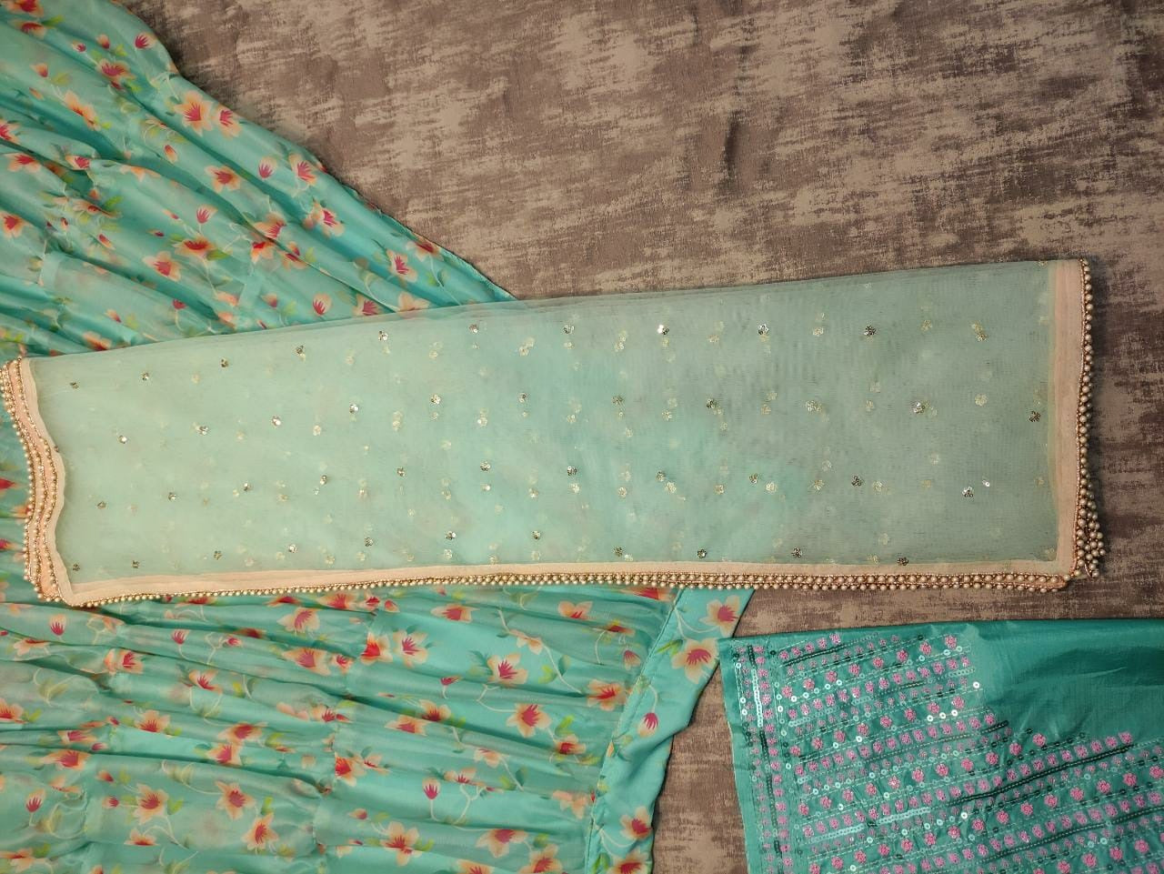 Pista green chinon silk floral printed lehenga choli