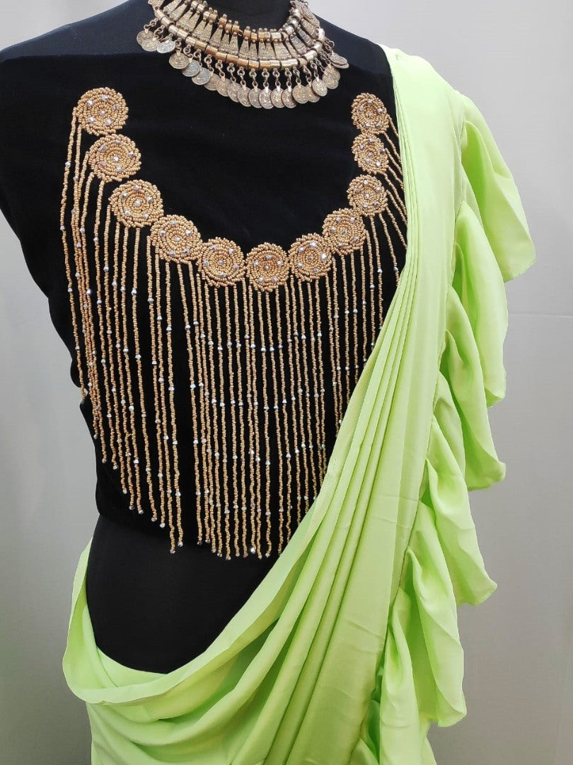 Pista green crepe silk designer ruffle saree with handwork blouse