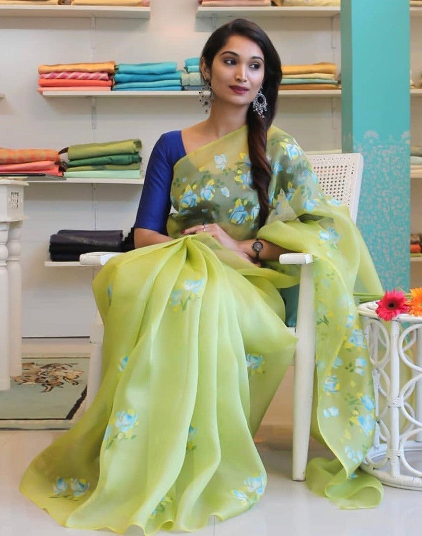 Pista green digital printed khadi organza saree