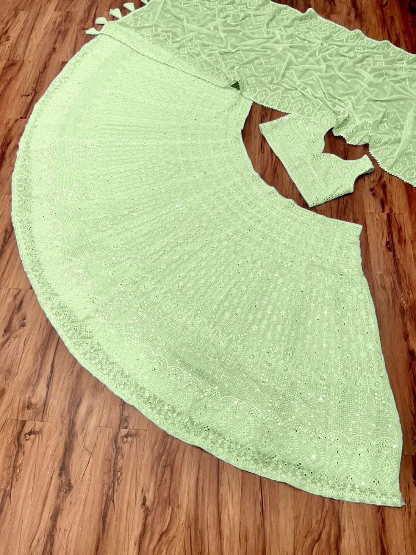 Pista green geogette heavy embroidered wedding lehenga choli