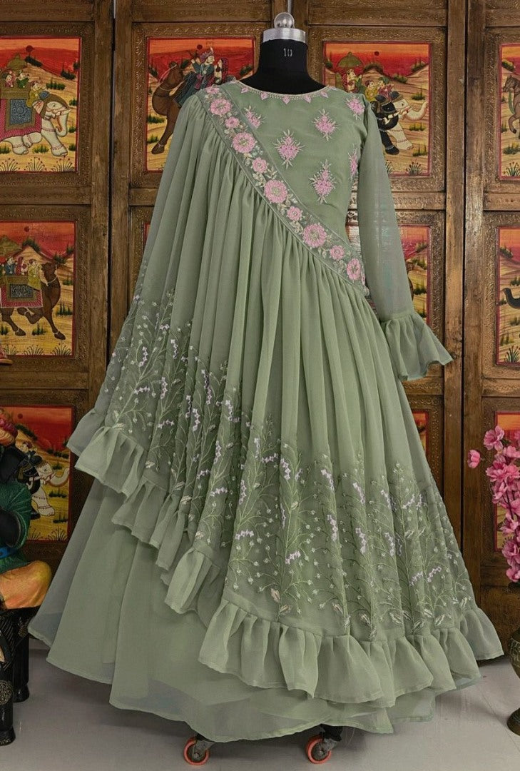 Pista green georgette embroidered indowestern gown
