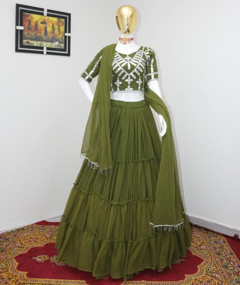 Pista green georgette embroidered mirror paper work lehenga choli
