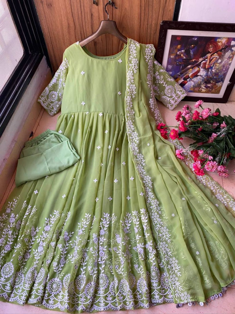Pista green georgette heavy chainstitch embroidery party wear anarkali suit