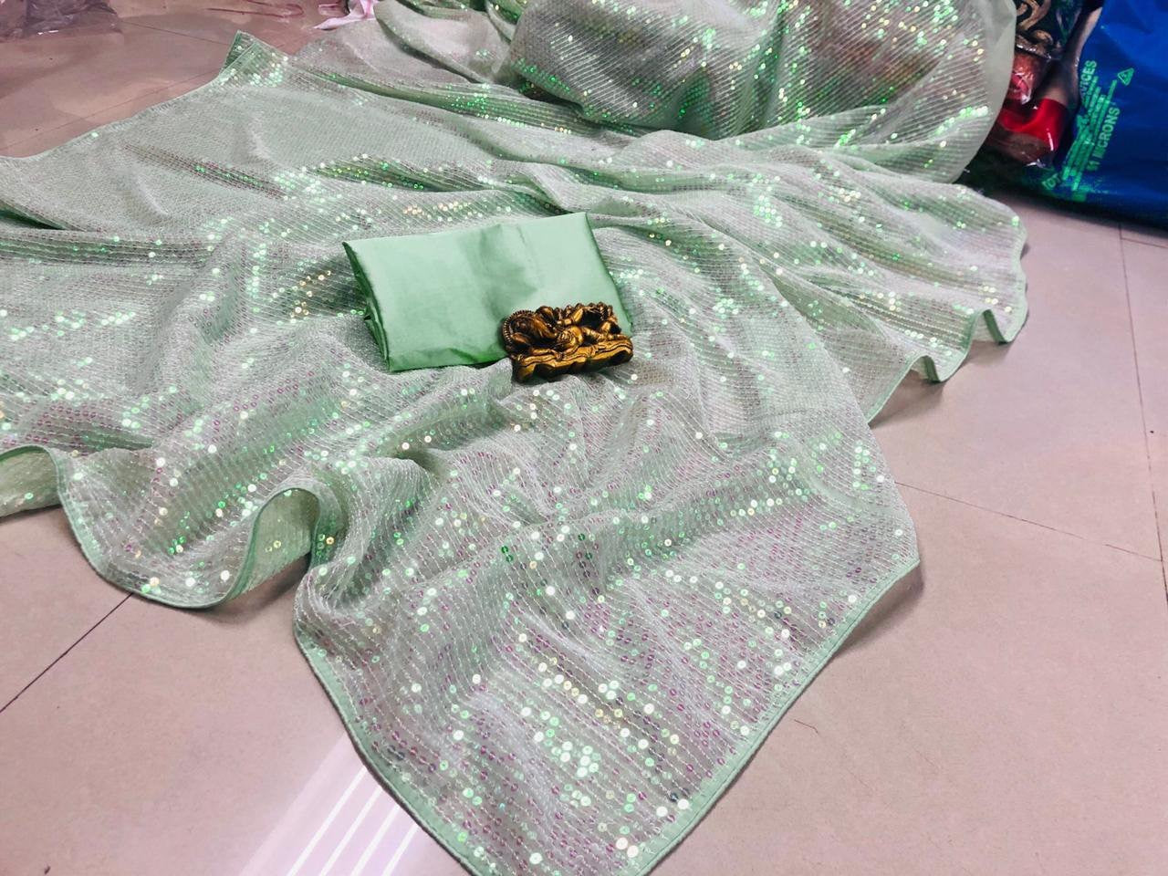 Pista green georgette heavy sequence work partywear saree