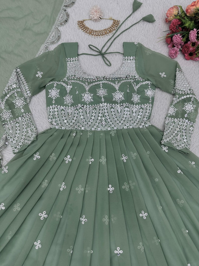 Pista green georgette heavy work long wedding anarkali gown