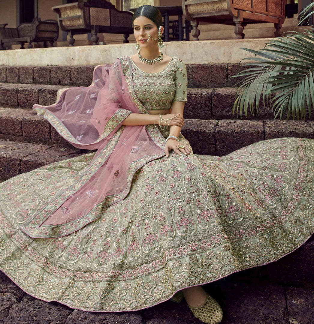 Pista green georgette resham work bridal lehenga choli