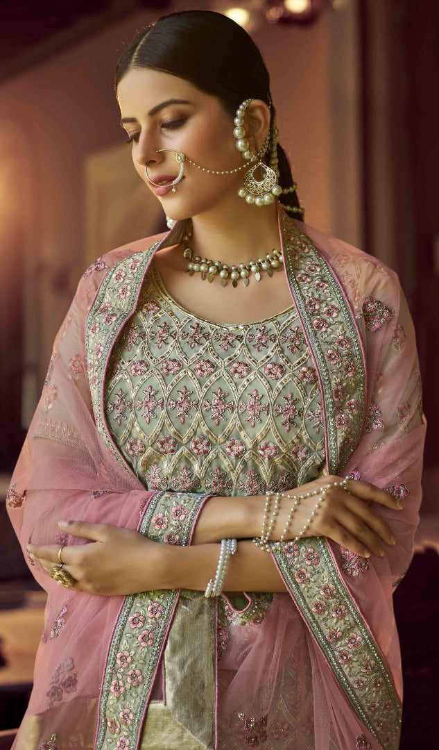 Pista green georgette resham work bridal lehenga choli