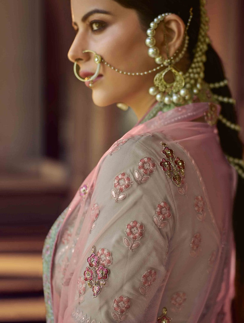 Pista green georgette resham work bridal lehenga choli