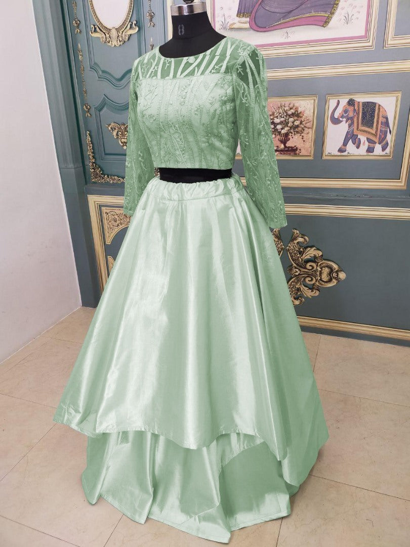 Pista green heavy satin fusion crop top lehenga
