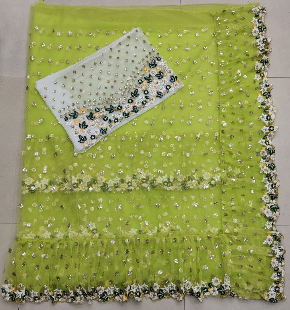 Pista green net multi thread embroidered designer ruffle saree