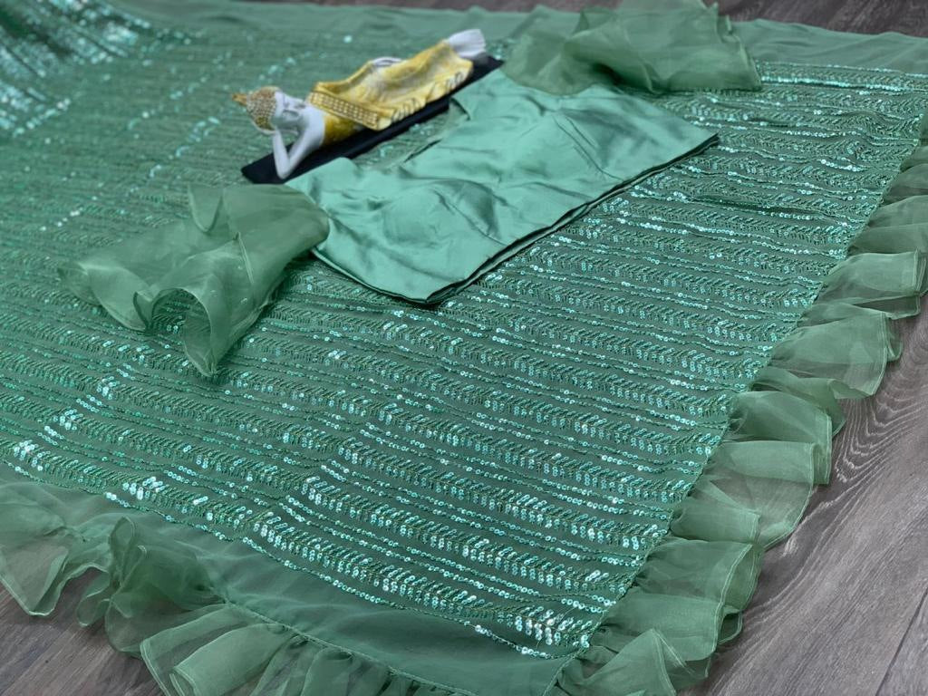 Pista green organza georgette sequence embroidered saree