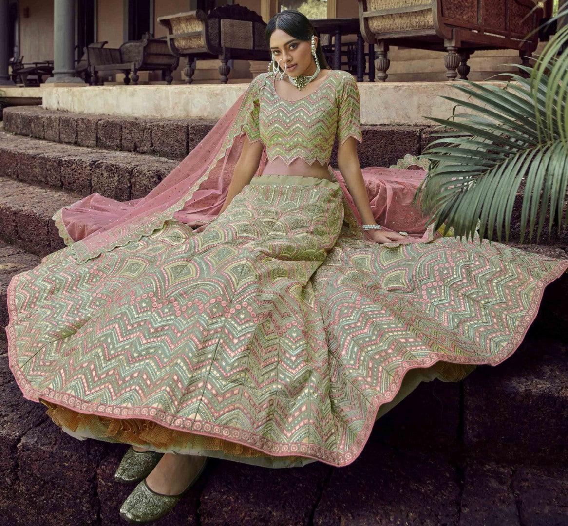 Pista green organza gota and resham work bridal lehenga choli