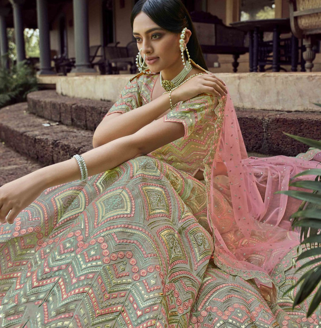 Pista green organza gota and resham work bridal lehenga choli