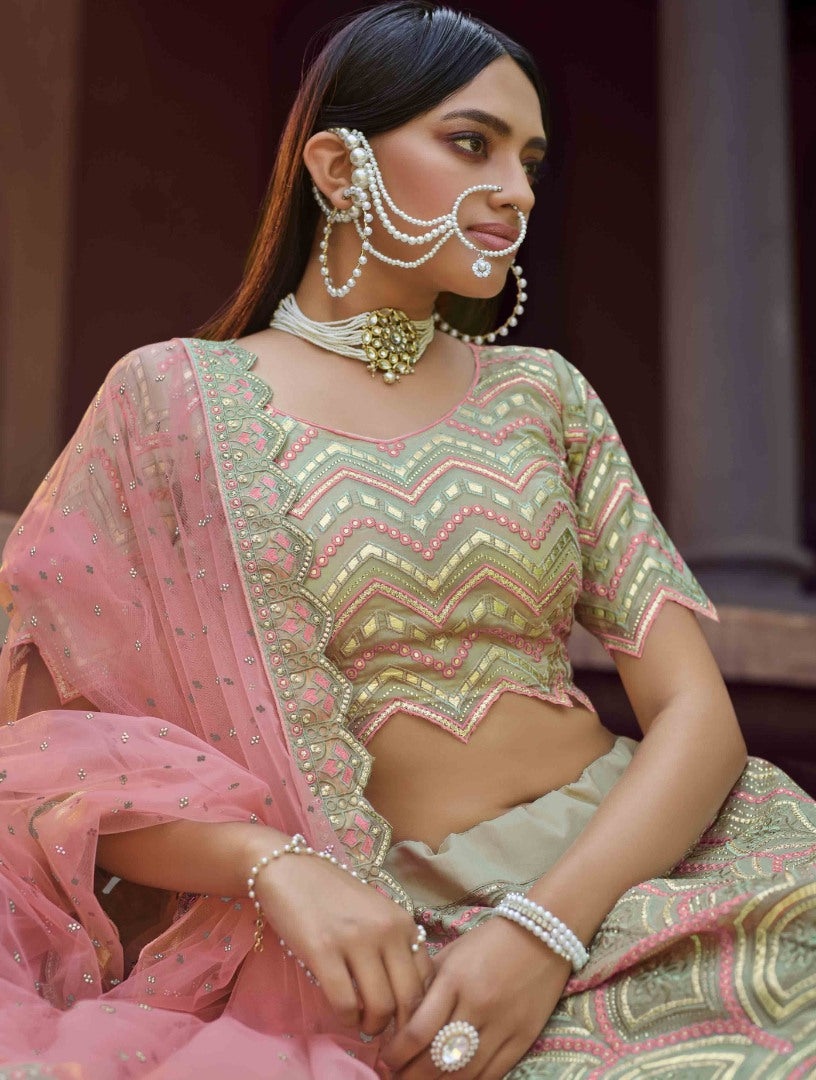 Pista green organza gota and resham work bridal lehenga choli